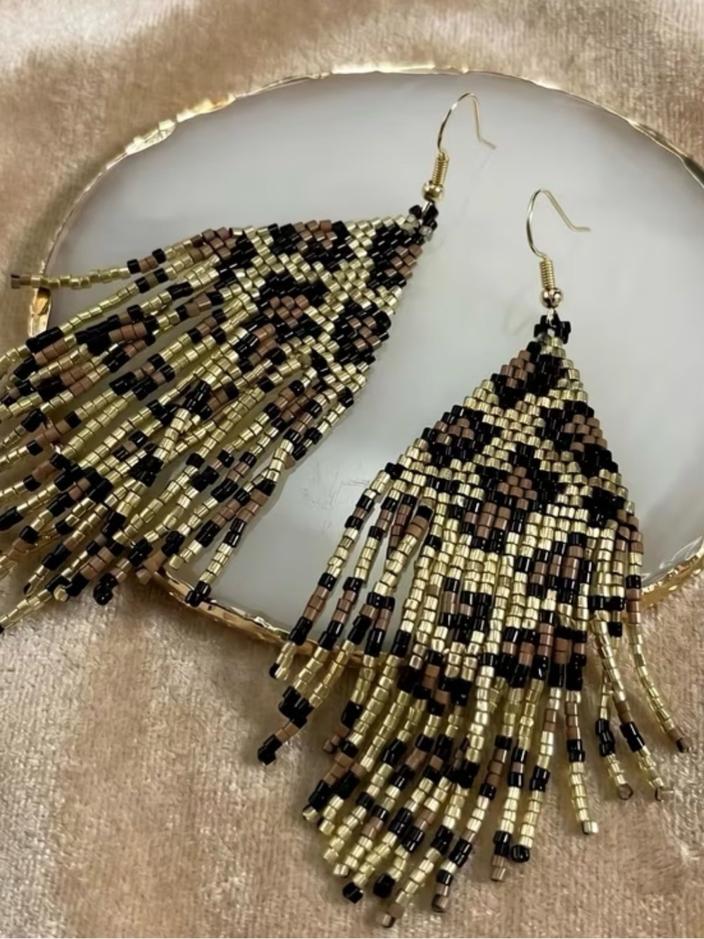Leopard Beaded Fringe Earrings in Gold, Black & Brown